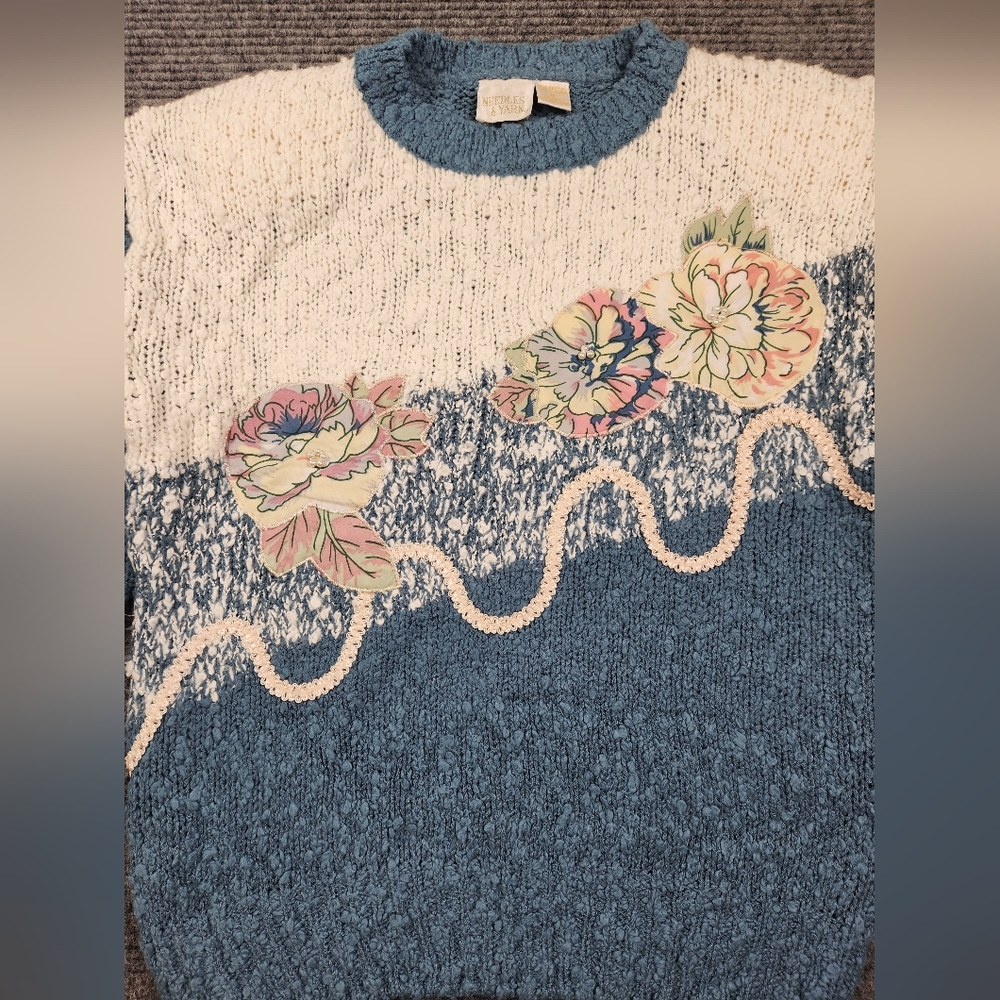 Vintage Needles & Yarn Blue Floral Embroidered Knit Sweater M 80s Grandmacore View 2